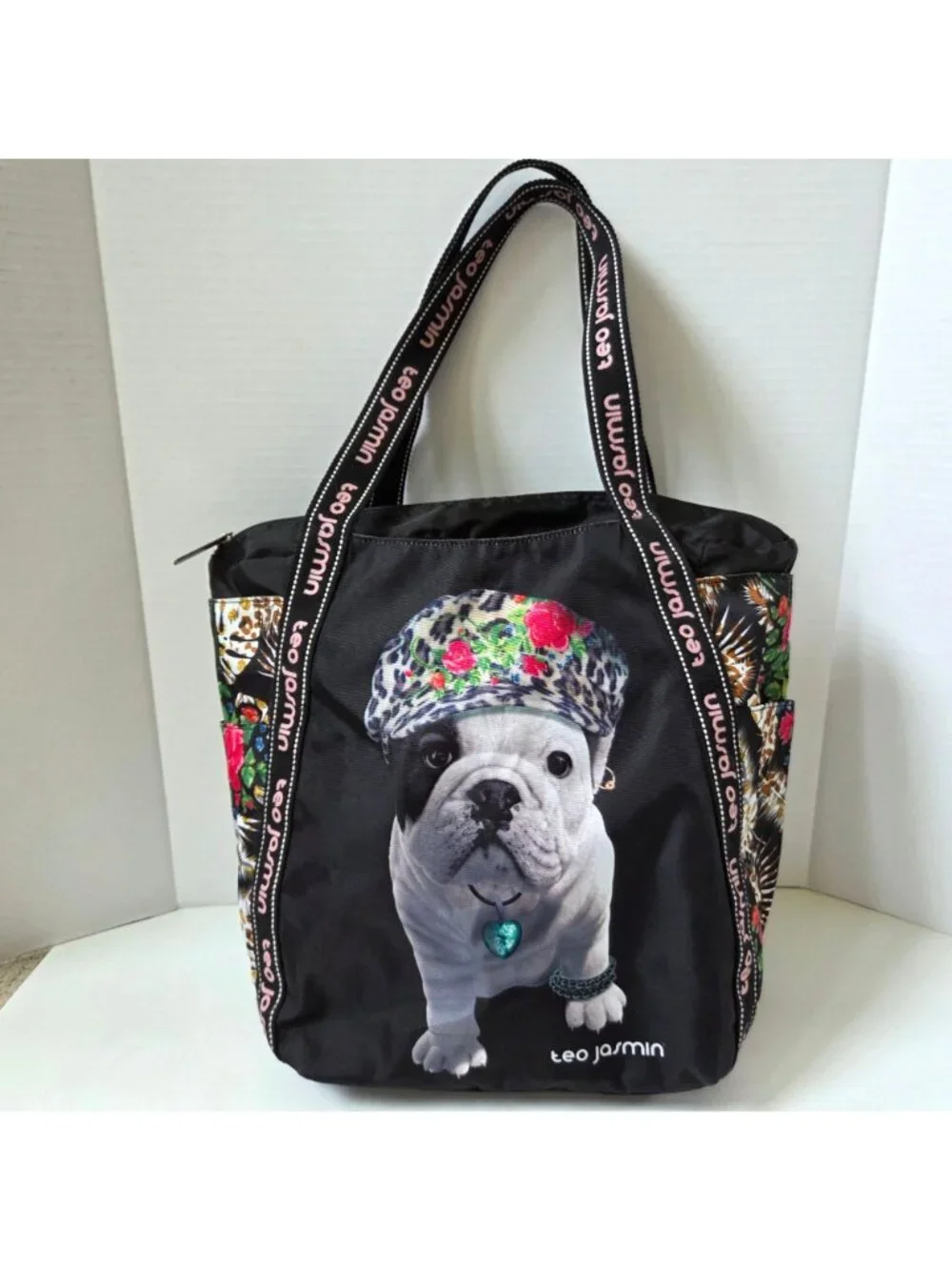 Teo Jasmin Tote Black French Bull Dog Whimsical Artsy Lightweight Zip Top Travel